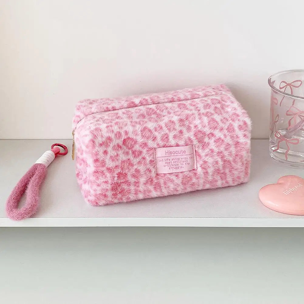 Leopard Print Plush Makeup Bag with Carry Handle