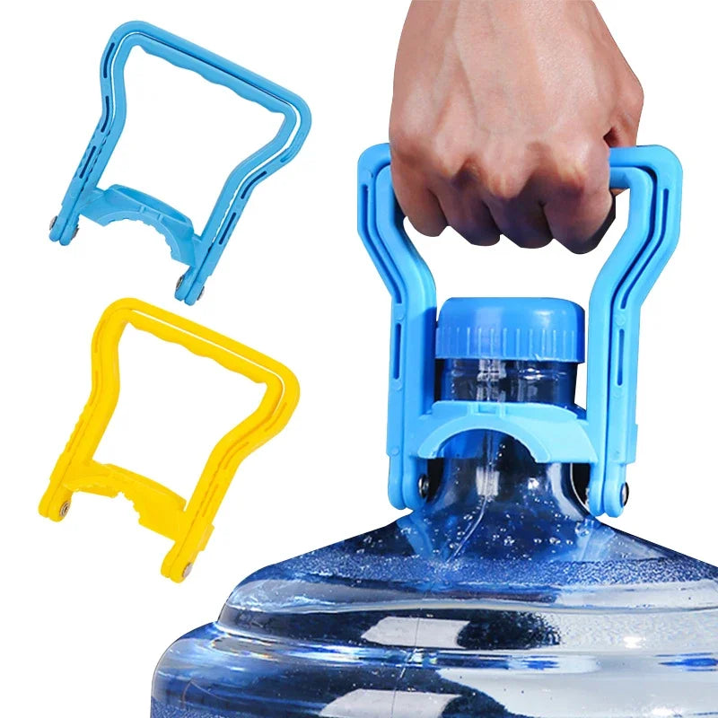 Blue and yellow ergonomic handles for a water bucket and bottle carrier