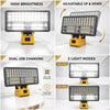 A portable LED work light with adjustable brightness and dual USB charging ports shown in various modes.