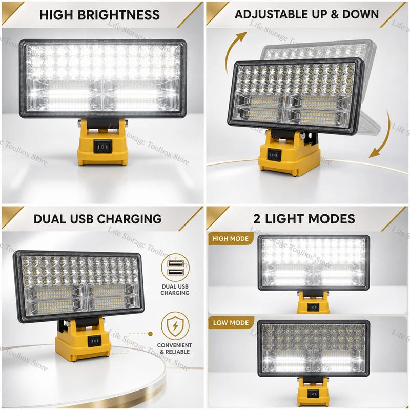 A portable LED work light with adjustable brightness and dual USB charging ports shown in various modes.