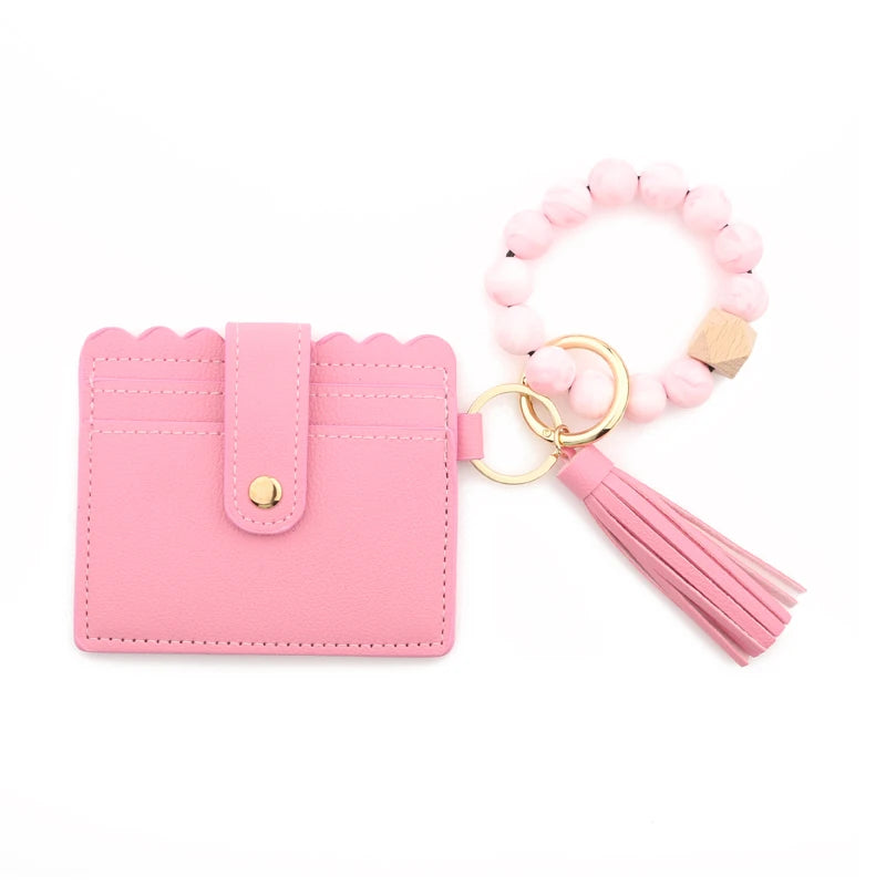 Silicone Bead Bracelet Leather Card Holder Wristlet