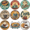 A set of ten diamond painting coasters featuring various coffee and cafe designs on a textured background.