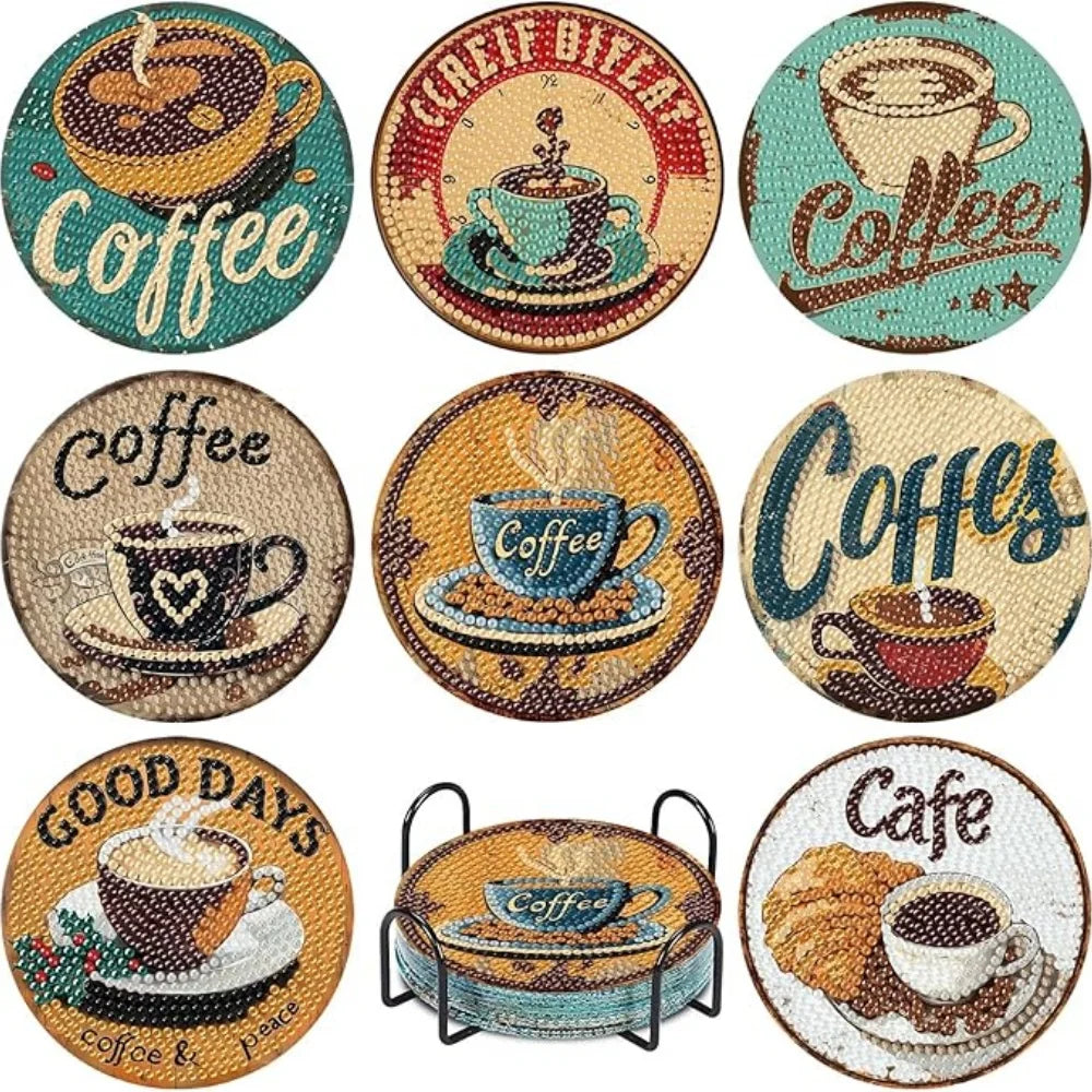 A set of ten diamond painting coasters featuring various coffee and cafe designs on a textured background.