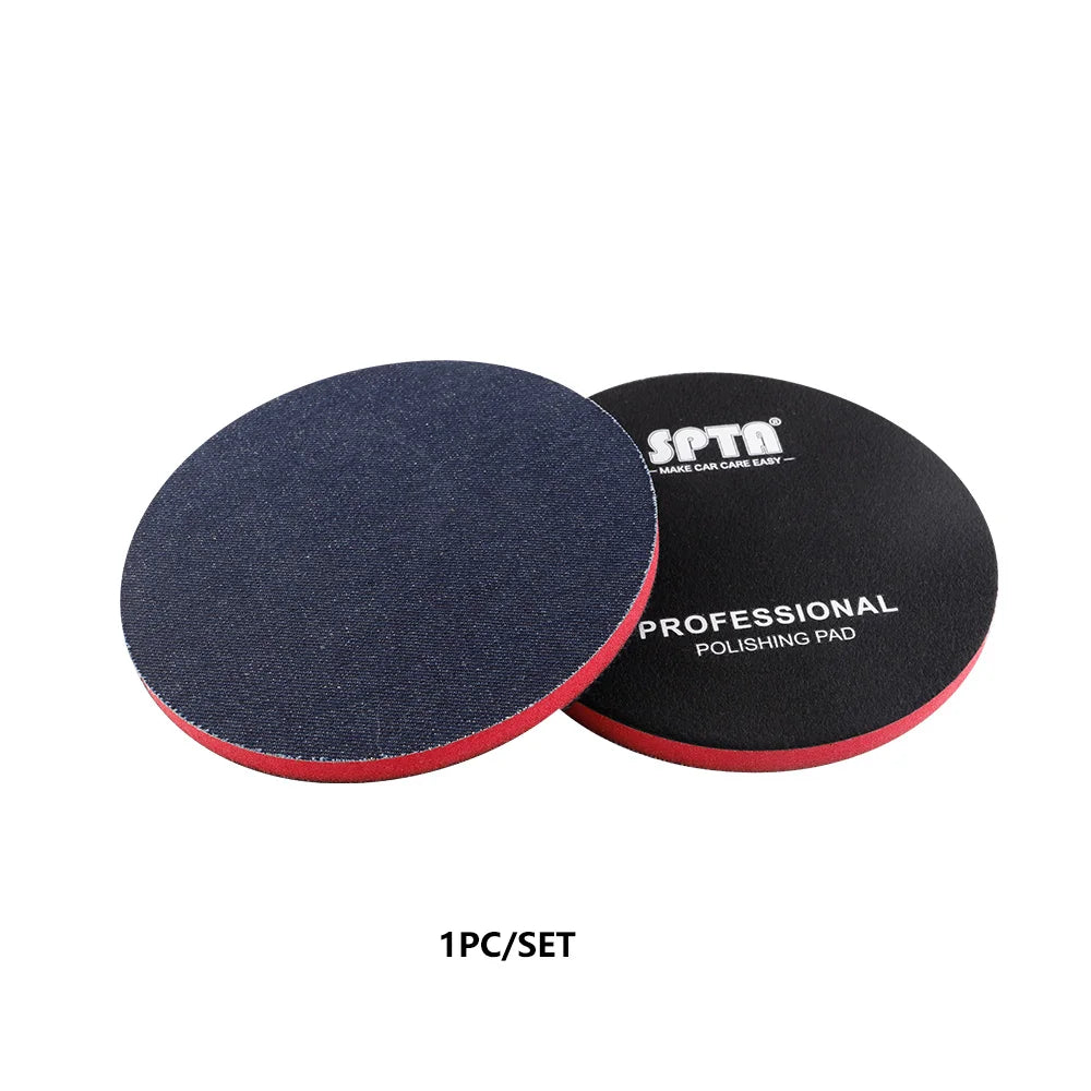 A black polishing pad with a blue denim texture is shown, packaged as a 1 piece set.
