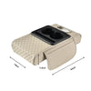 A beige car armrest cushion with a black cupholder and storage compartment.