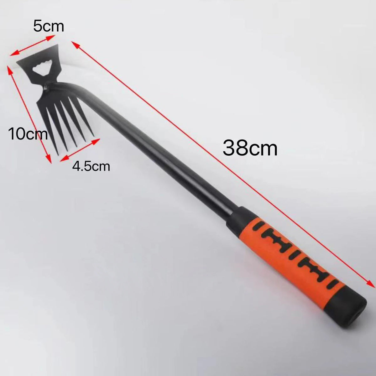 A black stainless steel weeding shovel with a 5cm blade and a 38cm handle, shown with dimension lines.