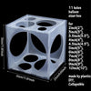 A translucent plastic cube with 11 holes for sizing balloons, designed to be collapsible.
