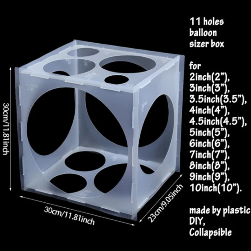 A translucent plastic cube with 11 holes for sizing balloons, designed to be collapsible.