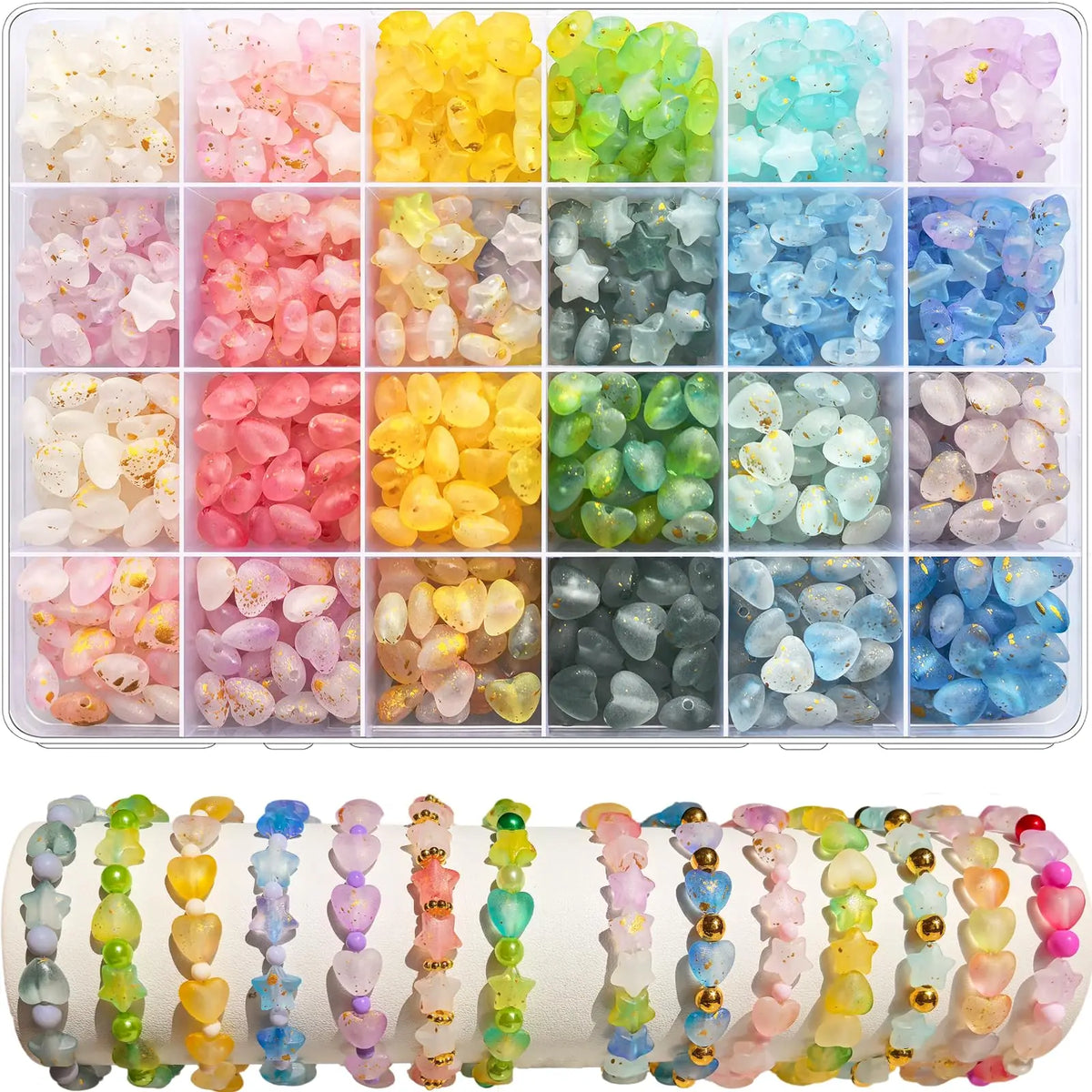 Acrylic Star & Heart Beads Set with Golden Foil Finish
