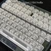 A close-up view of translucent white PC keycaps arranged in an OEM profile for mechanical keyboards.