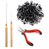 A pile of 100 black silicone-lined micro rings and a pair of red and black pliers for hair extension installation.