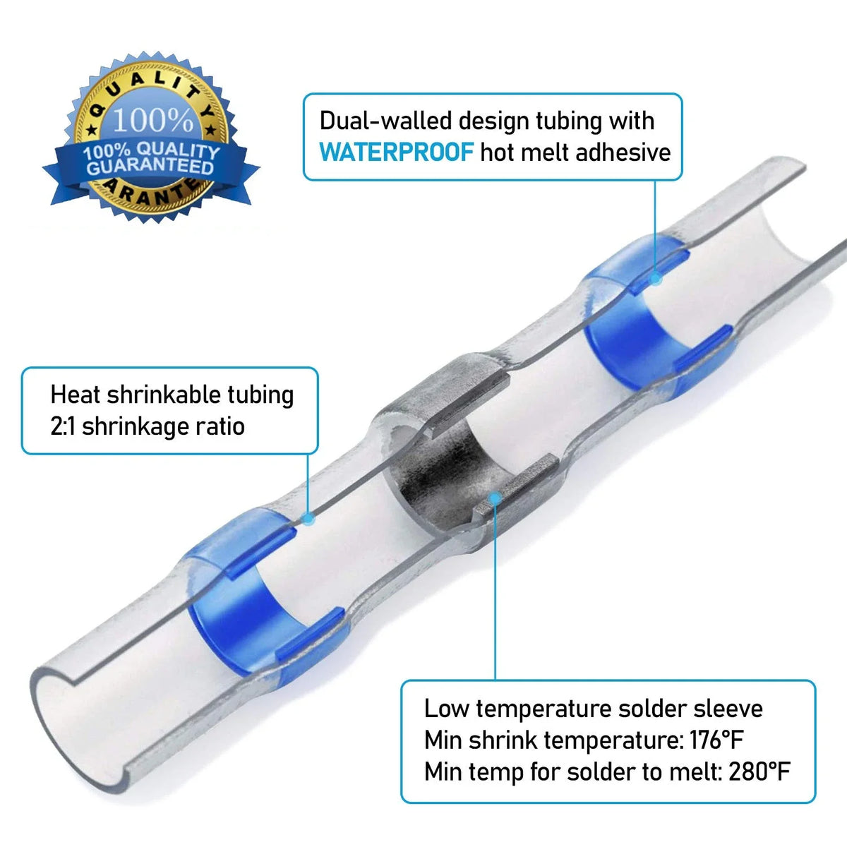 Dual-walled waterproof heat shrink tubing for soldering wires with tin-coated copper terminals