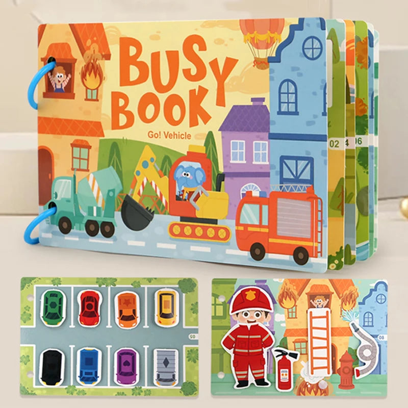A colorful busy book for toddlers featuring vehicles and matching games like a fire truck and construction equipment.