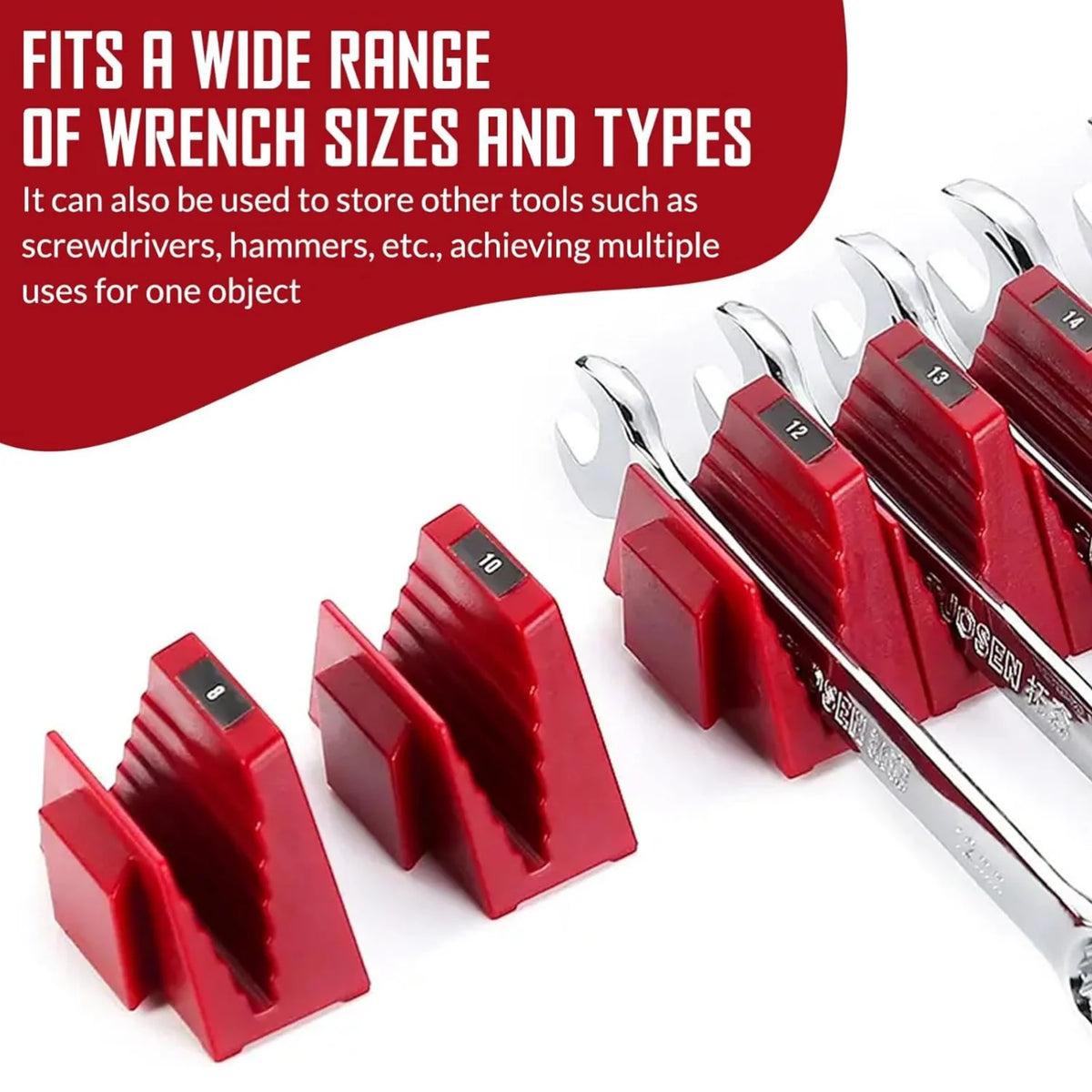 Red modular magnetic wrench organizer with various sized jaws and handles for storing tools