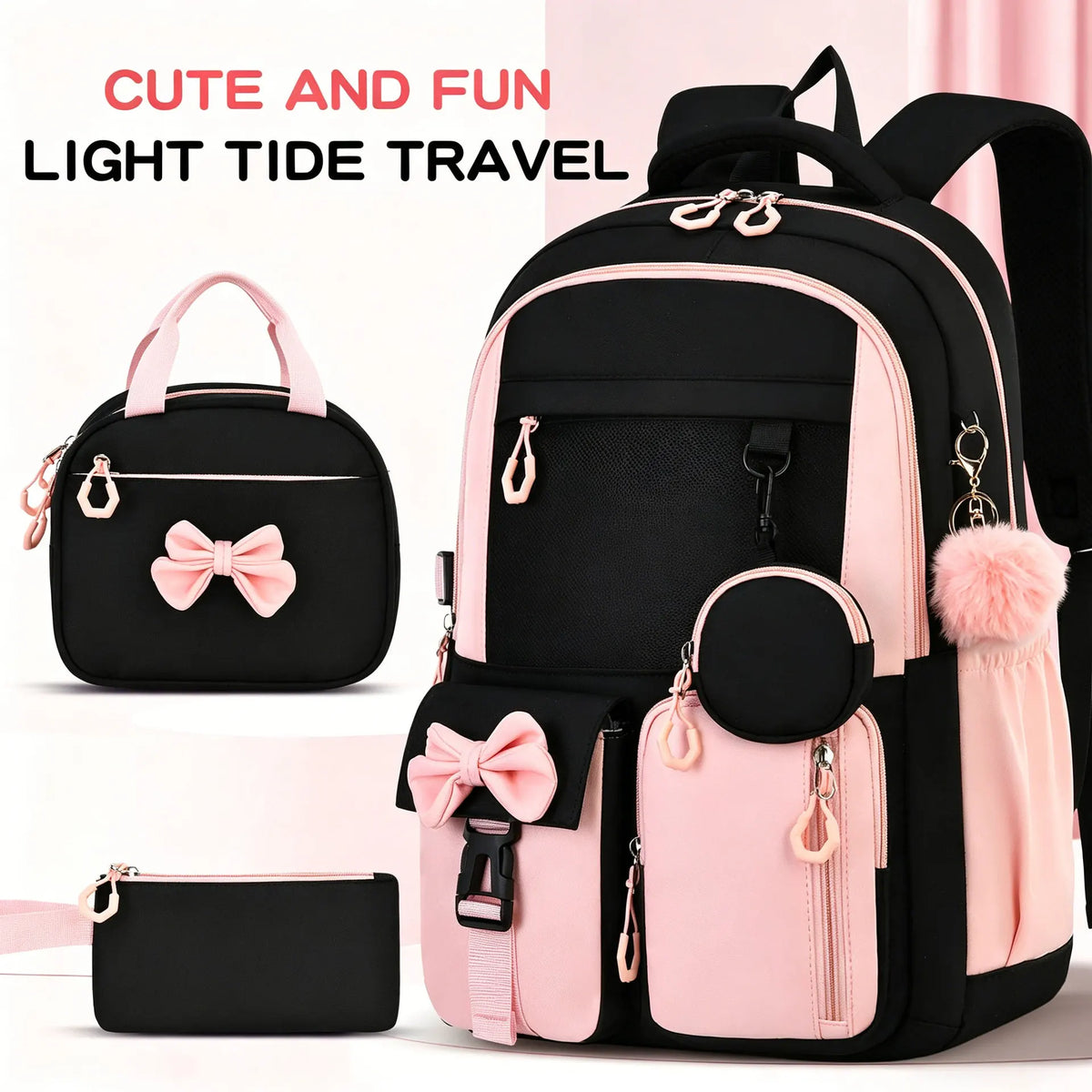 Pink and black light tide travel backpack set for girls with a bow detail