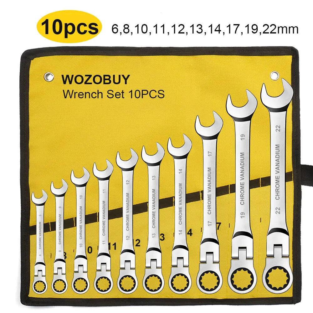 Metric Ratcheting Wrench Set with Flex-Head and Carry Bag