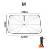 A rectangular black foldable car windshield sun shade umbrella with an emergency hammer.