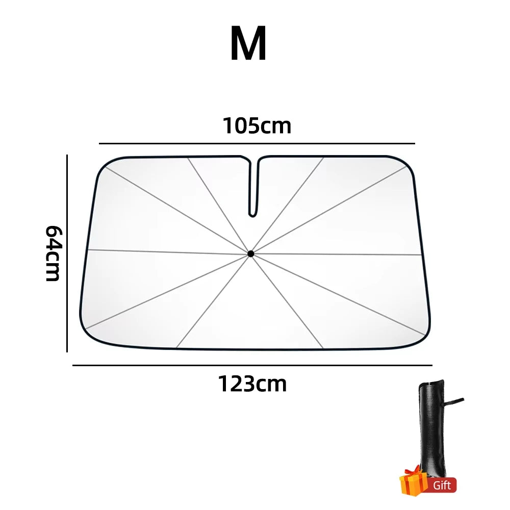 A rectangular black foldable car windshield sun shade umbrella with an emergency hammer.