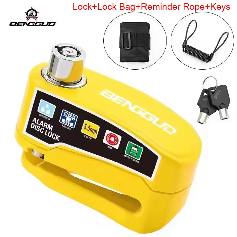 Yellow BENGGU Disc Lock for motorcycles featuring a lock, bag, reminder rope, and keys.
