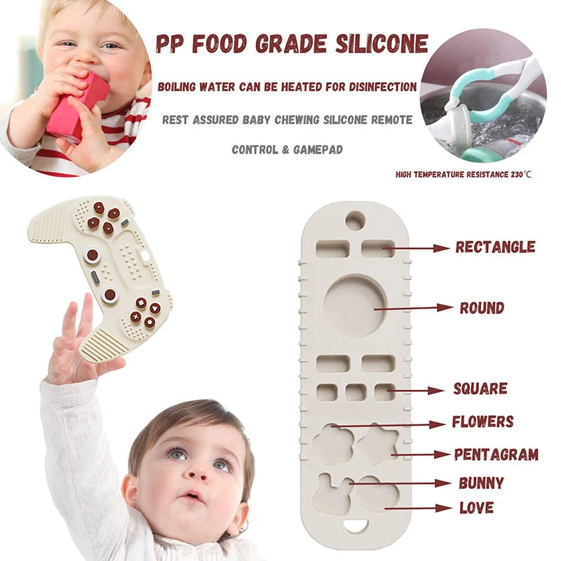 A silicone baby teether remote control toy featuring various shapes like rectangle, round, square, flowers, pentagram, bunny,