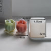 A silicone mold shaped like a rose peony flower is shown next to a white candle, with various dimensions provided.