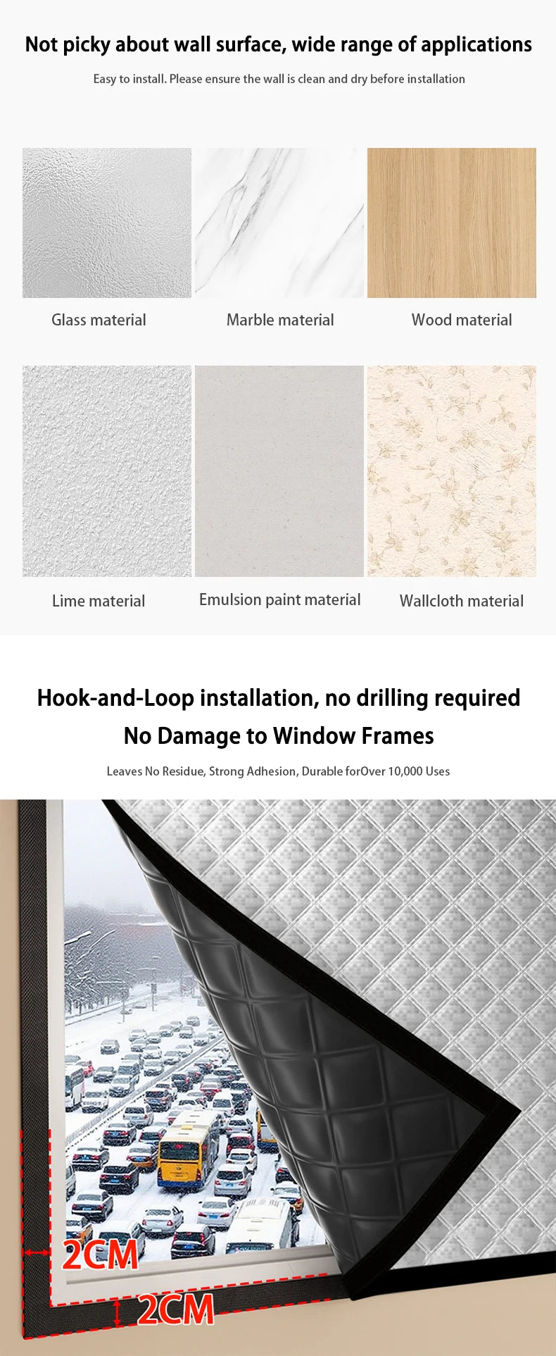A close-up view of a textured black door curtain installed in a window frame, showing its thickness and fit.