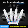 White paint repair pens are shown next to a car, demonstrating scratch pen repair for original paint.