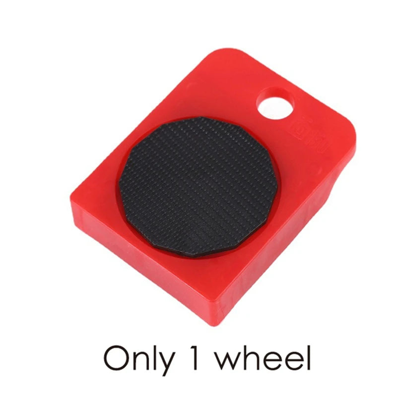 Red furniture moving kit with a black rubber wheel and lifting bar