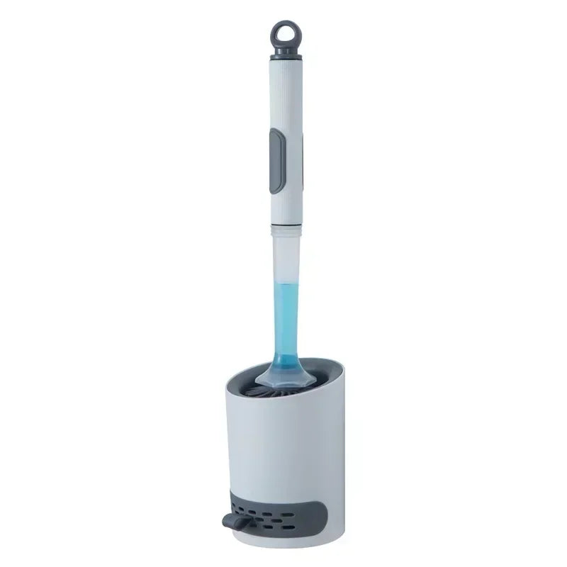 A white refillable toilet brush set with a long handle and wall-mounted holder.