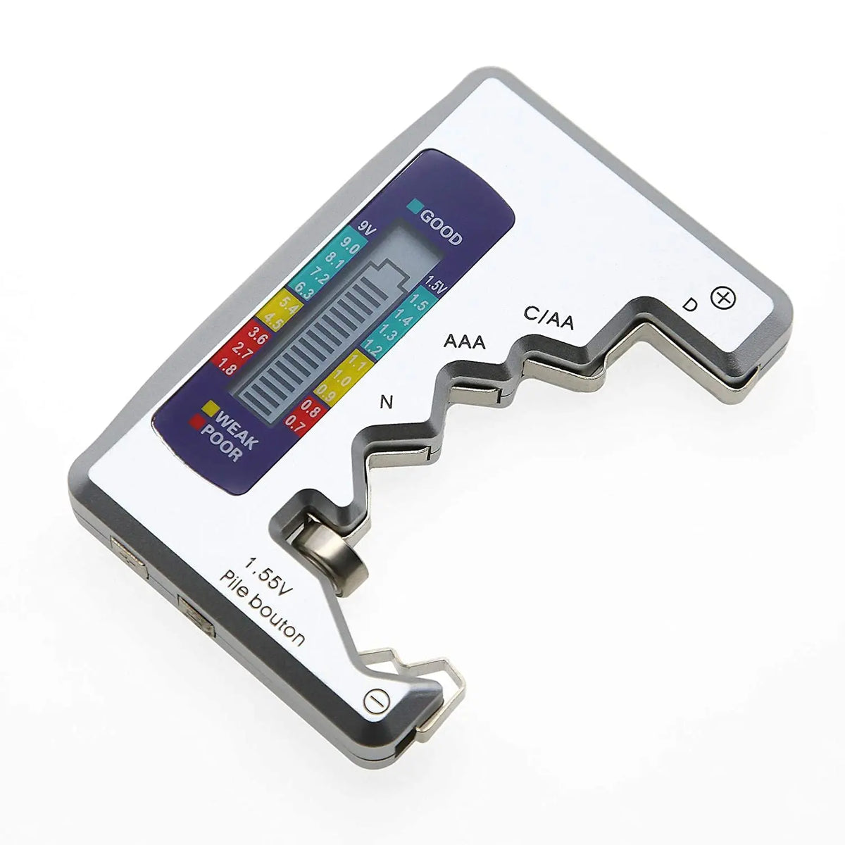 Portables Lithium-Akkuladungstester mit Batteriezustandsanzeigen wie GOOD, AAA und C/AA-Bewertungen.