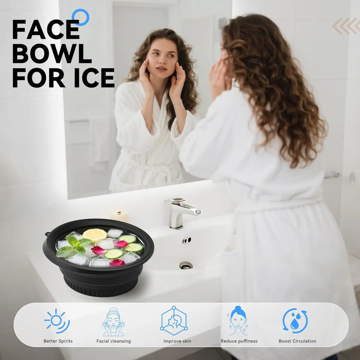 A woman is using a black silicone bowl for ice face mask cleansing in a bathroom setting.
