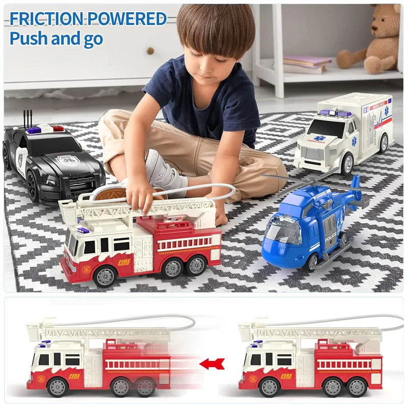 Friction Powered Emergency Vehicle Toy Set with Lights and Sounds