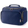 Navy quilted travel toiletry bag with a gold zipper and handle