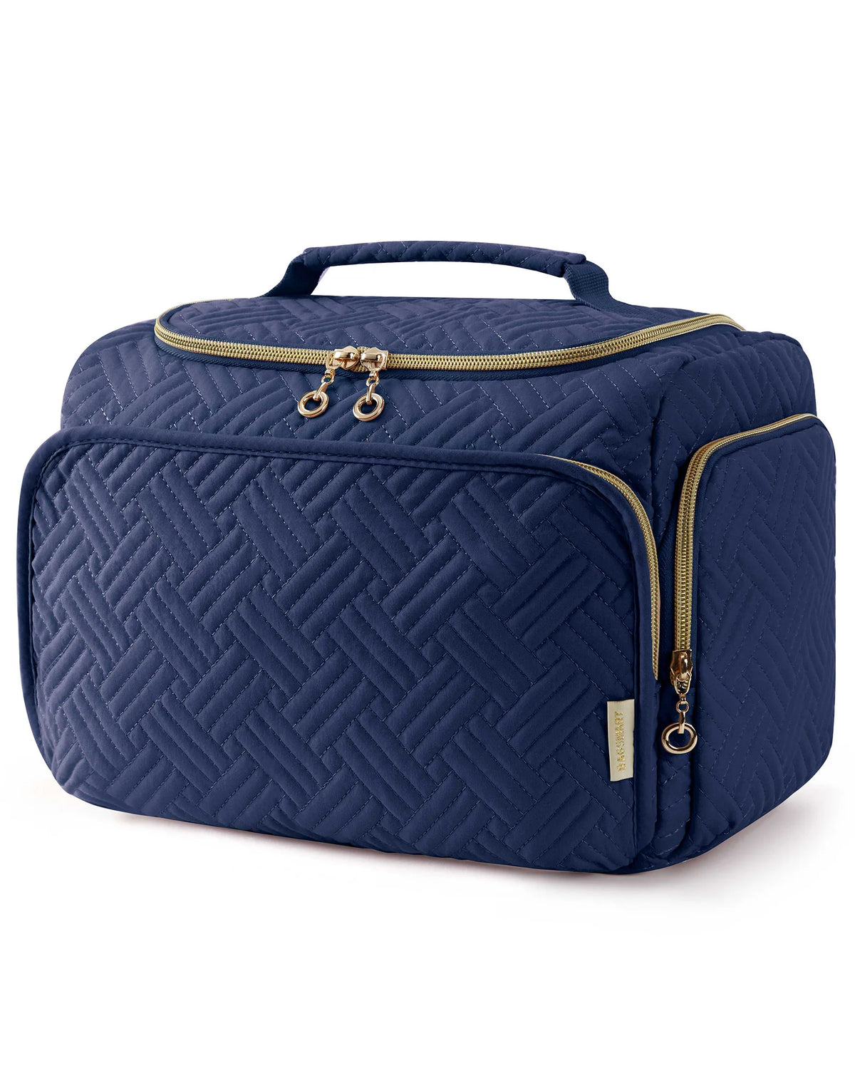 Navy quilted travel toiletry bag with a gold zipper and handle