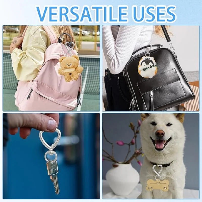 Heart-shaped spring hook keychains for keys, bags, and luggage shown with a pink backpack and a black leather bag.