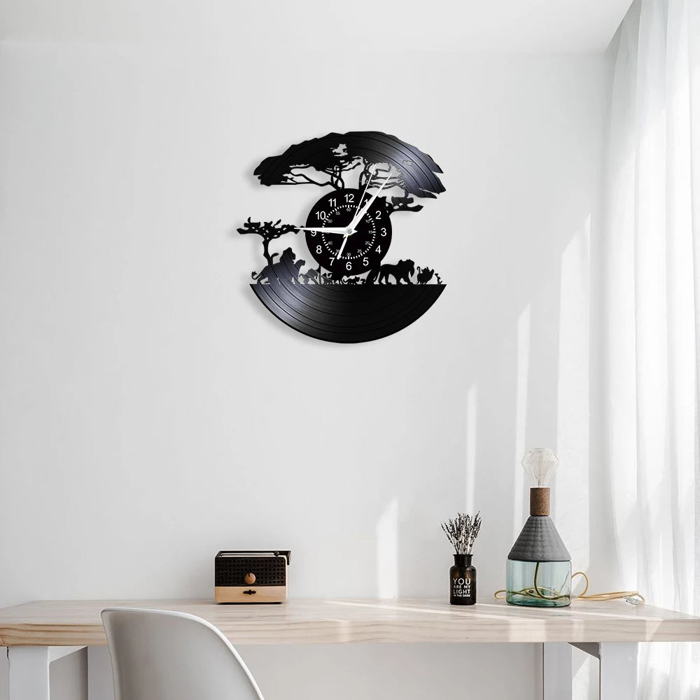 African Safari Cartoon Lion Vinyl Record Wall Clock – Silent Non-Ticking, 12-Inch Decor for Kids' Rooms and Playrooms