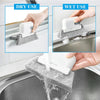 A 2-in-1 groove cleaning brush is shown being used for both dry and wet cleaning of a kitchen sink.