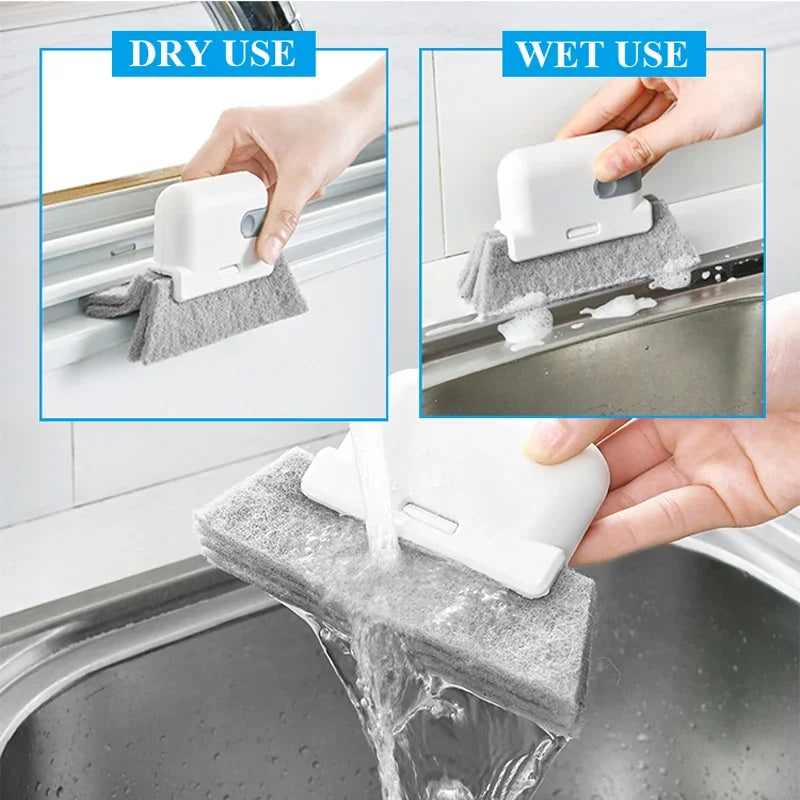 A 2-in-1 groove cleaning brush is shown being used for both dry and wet cleaning of a kitchen sink.