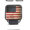 A set of black and red American flag universal trailer hitch covers, including two rectangular and one square design.