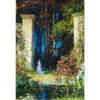A painting depicting a lush forest scene with classical columns framing a view of dense green foliage and dappled light.