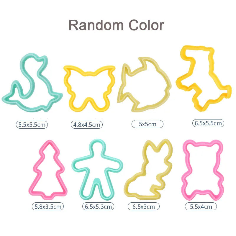 A set of random color animal-shaped playdough tools for kids, including various shapes and sizes.