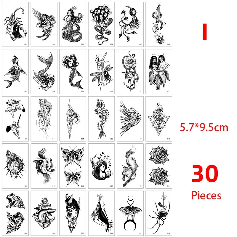 Colección de 30 pegatinas temporales con diseños de luna, estrella, diablo y flor.