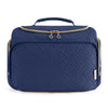 Navy quilted travel toiletry bag with a gold zipper and handle