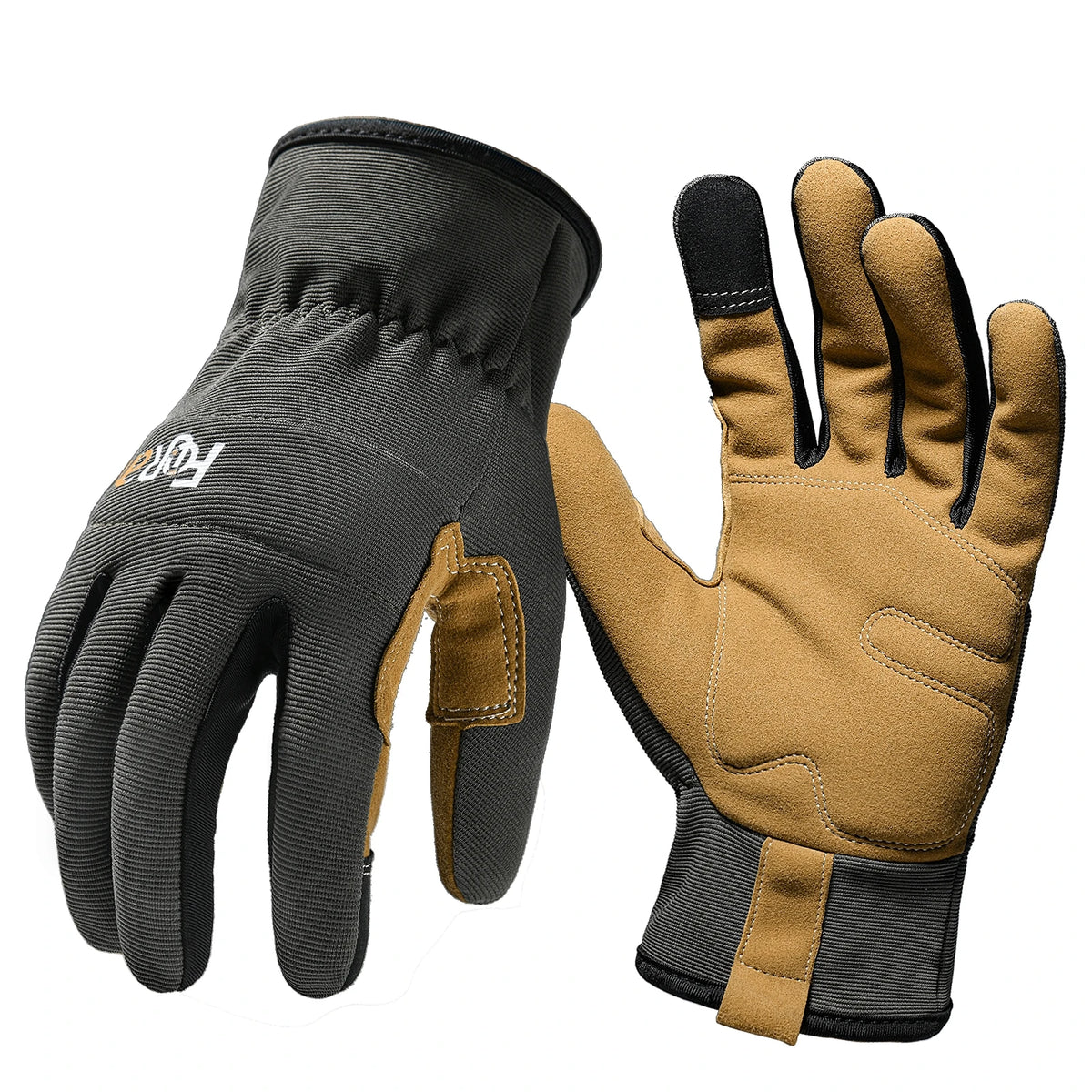 A pair of breathable work gloves, one black and one tan, shown against a white background.
