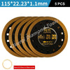 Five gold-edged diamond saw blades with a 1.1mm thickness are displayed on a black background.