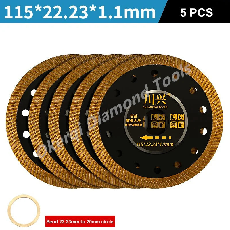 Five gold-edged diamond saw blades with a 1.1mm thickness are displayed on a black background.