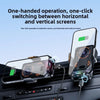 A transparent car phone holder with a clamp and wireless charging cable is shown mounted in a car dashboard.