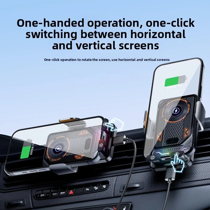 A transparent car phone holder with a clamp and wireless charging cable is shown mounted in a car dashboard.
