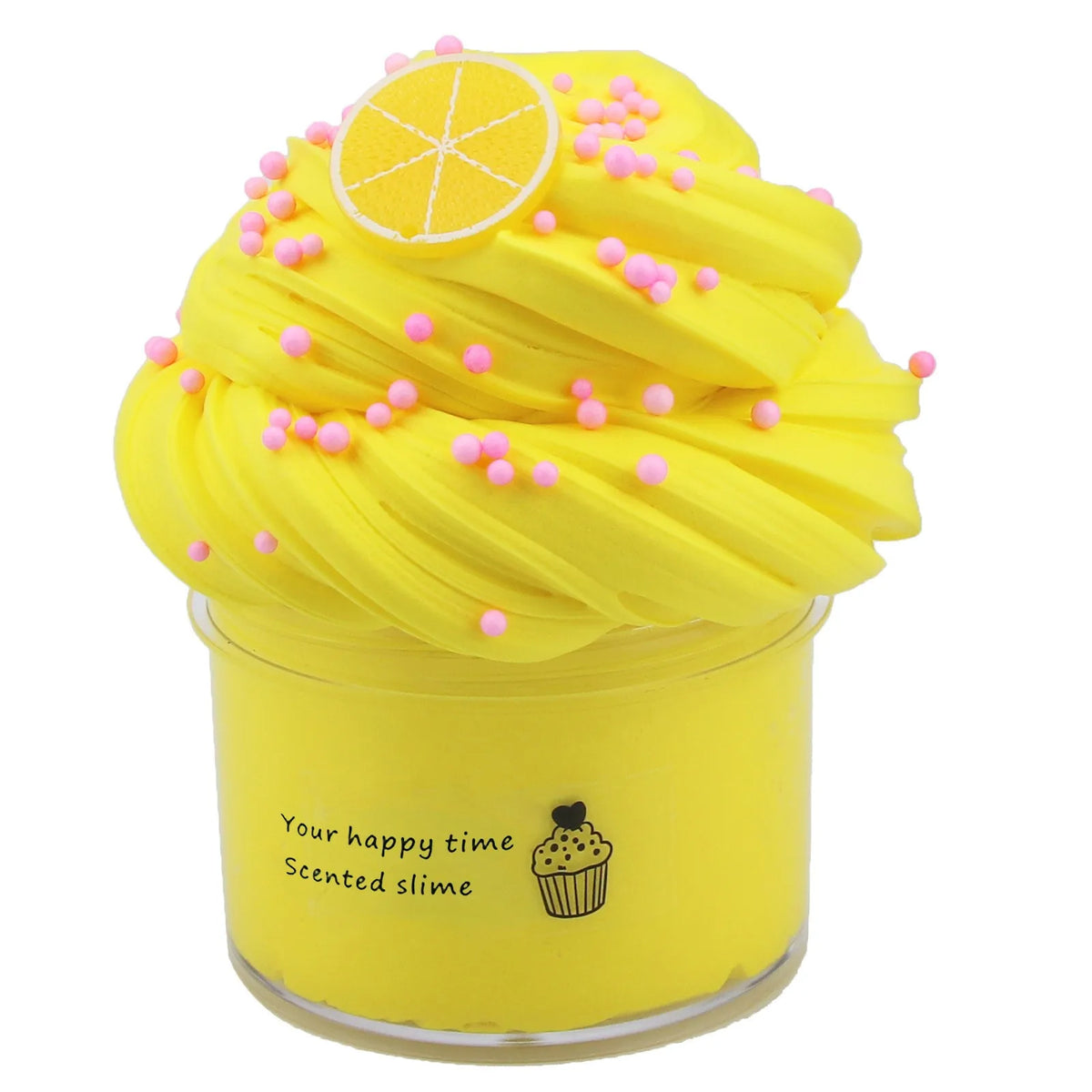 A bright yellow slime product topped with yellow frosting and pink sprinkles, displayed in a clear jar.