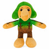 A plush toy of a shark with green skin, orange snout, and brown body and limbs.